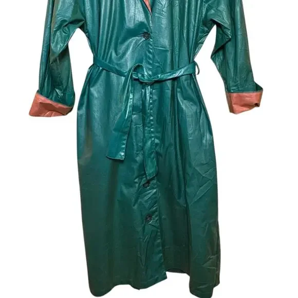 Vintage Jo Fox Boston Teal and Peach Shimmer Belted Trench Rain Coat Size Medium - Picture 3 of 8